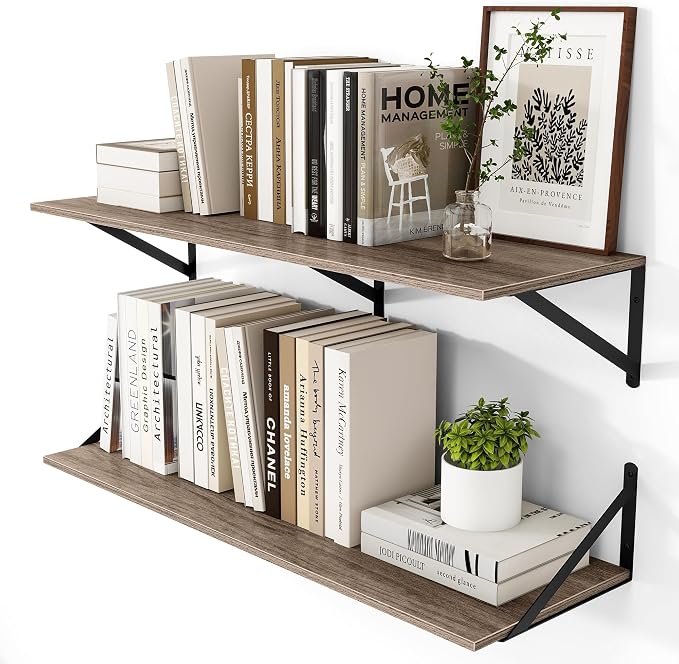 Heimlove Deep Floating Shelves for Wall, 36W x 12D Rustic Grey Wood Wall Shelves Set of 2, Large Floating Shelf for Living Room, Kitchen, Office, Bedroom and Decor Storage, with Metal Bracket - Grey