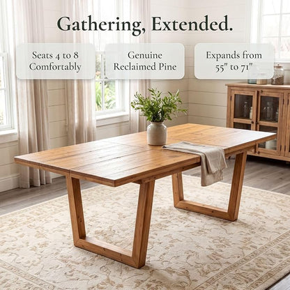 55-70.5" Extendable Dining Table Pine Expandable Dining Room Table for 4 6 8 People Large Rectangle Table Space Saving for Dining Room Living Room Home Office, Brown