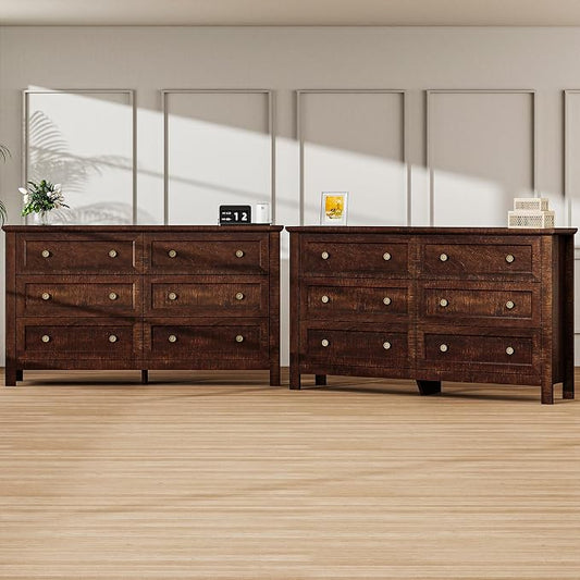 Farmhouse Dresser Nightstand Sets, 2-Piece Bedroom Furniture Set for Home | 6 Drawer Dresser Closet set of 2, Chest of Drawers for Bedroom, Living Room, Entryway, Dark Brown