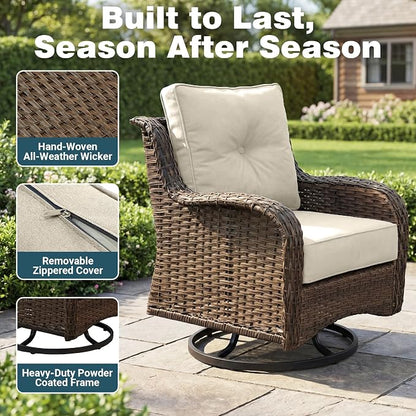 Patio Furniture Set, 8PCS Outdoor Wicker Conversation Set with 6" Thick Cushions, High Back Rattan Sofa & Swivel Rocker Chairs, Weather Resistant Olefin Fabric for Garden, Poolside, Beige