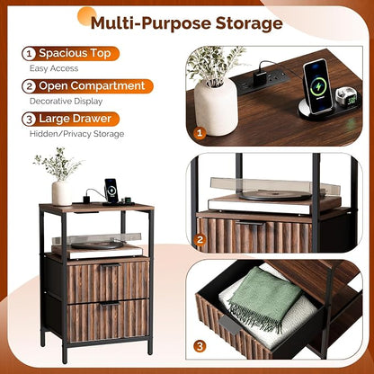 VINGLI Nightstands Set of 2 with Fabric Drawers, Walnut Nightstand with Charging Station, Night Stands Fluted Bedside Tables/End Tables with Charger Station, Side Table Bedroom, Small Night Stand