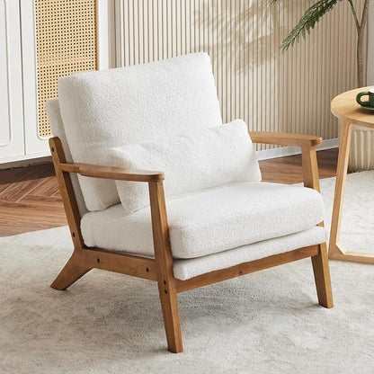 Karl home Mid-Century Lounge Accent Chair, White | Wide Curved Armrest, Teddy Fleece, Lumbar Pillow Included, Solid Wood Frame, For Living Room, Bedroom, Balcony, Apartment