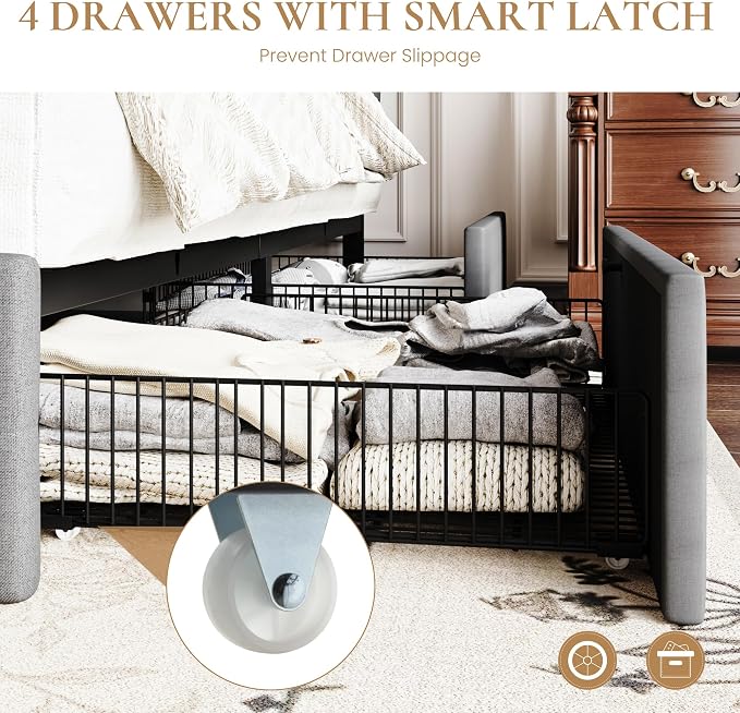 SHA CERLIN Upholstered Full Size Platform Bed Frame with 4 Storage Drawers, Adjustable Headboard with Square Stitched Button Tufted Design, Wooden Slat Support, No Box Spring Needed, Light Grey