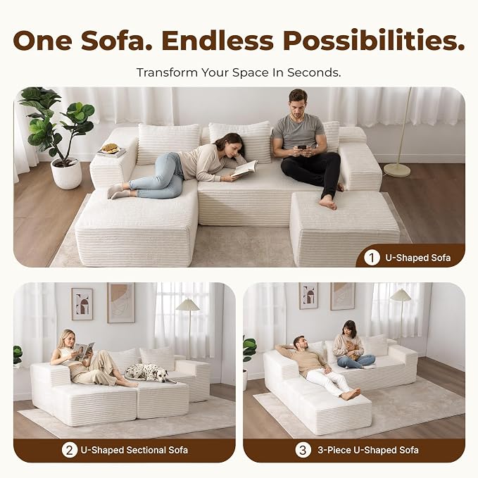 Modular Sectional U-Shaped Sofa with Deep Seat, Modern Boneless Comfy Corduroy Fluffy Couch with Side Pockets and Anti-Slip & Floor-Friendly Bottom for Living Room, No Assembly, White