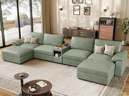EASE MOOSE Leather Sectional Couch with Console,Oversized Modular Sectional Sofas,Wide Deep Seat Modular Couch,Scratch Resistant Faux Leather Material,U Shaped Sofa for Big Spaces,Green