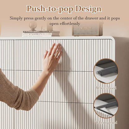 Furniway Bedroom Dresser Set 3 Piece, 6 Drawer Curved Dresser with 2 Nightstands, Modern Fluted Wood Storage Cabinet, White Chest of Drawers with Pop-Up Design, White
