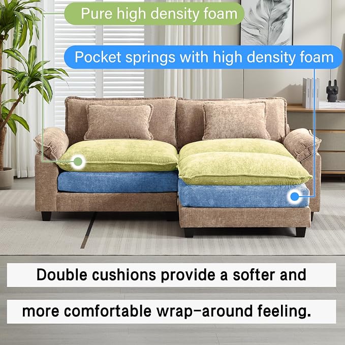 Oprisen 86" Modular Sectional Sofa, Comfy Cloud Couch Sectional Sofa with Ottoman, Chenille Sofa Sleeper Deep Seat Sofa with Throw Pillows for Living Room (Khaki, 86"- L Shape)