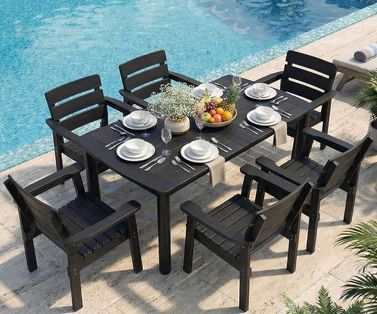 7-Piece Outdoor Dining Set, All-Weather HIPS Patio Table & Chairs for 6, Outdoor Furniture with Umbrella Hole, Ideal for Garden, Poolside, Backyard, Deck, Black