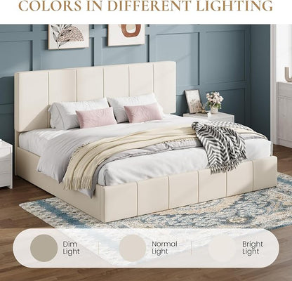 SHA CERLIN King Size Bed Frame, Dutch Velvet Upholstered Platform Bed, Vertical Channel Tufted Adjustable Headboard, Low Profile Bed Frame, No Box Spring Needed, Easy Assembly, Cream