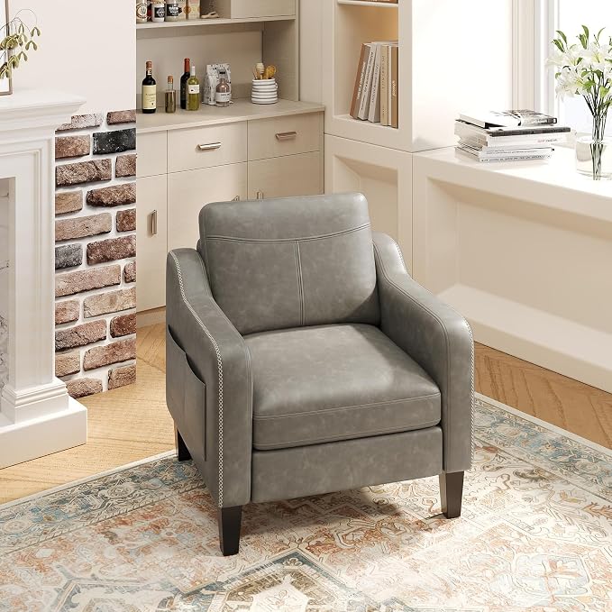 MALOL PU Leather Accent Chair Set of 2, Mid-Century Modern Living Room Armchair Sofa with Removable Cushions, Solid Wood Frame & Stitched Armrest Design, Bedroom Chair with Plastic Legs, Grey