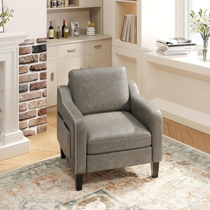 MALOL PU Leather Accent Chair, Mid-Century Modern Living Room Armchair Sofa with Removable Cushions, Solid Wood Frame & Stitched Armrest Design, Bedroom Chair with Plastic Legs, Grey