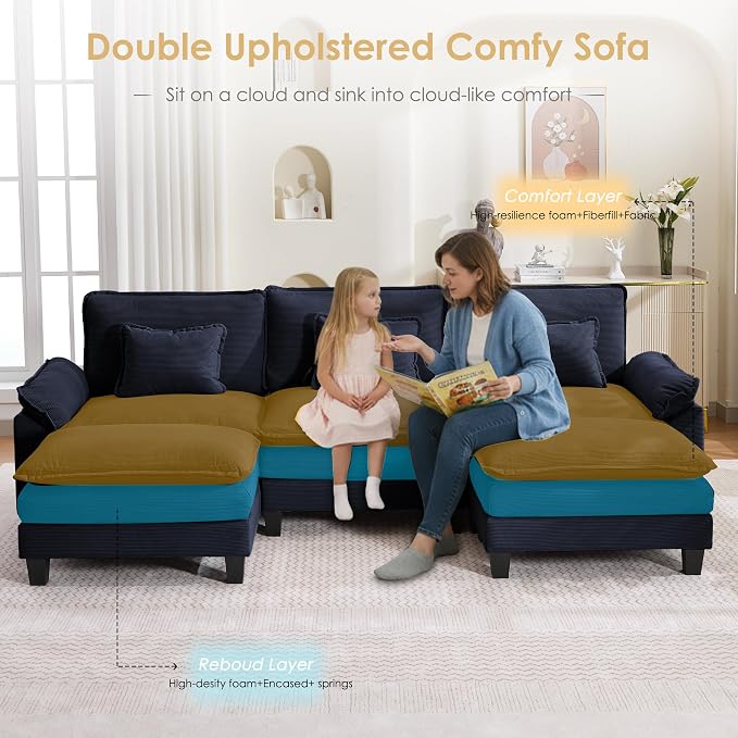 122" Corduroy Modular Sectional Sofa, Convertible U Shaped Modular Sofa Comfy Cloud Couch with Ottoman, Side Pockets and 3 Throw Pillows for Living Room, Blue, 5 Seats