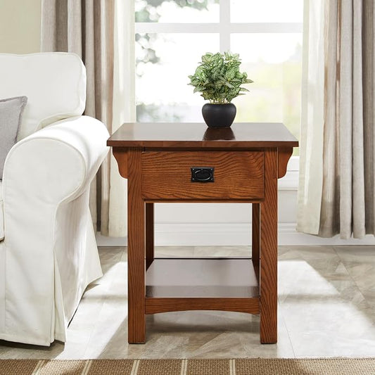 Leick Home Mission End Table, Solid Wood, 1 Storage Drawer, Additional Secret Compartment, Bottom Display Shelf, Easy-Assembly, Medium Oak, 20.0 in. L x 24.0 in. W x 24.0 in. H, 8222-SC