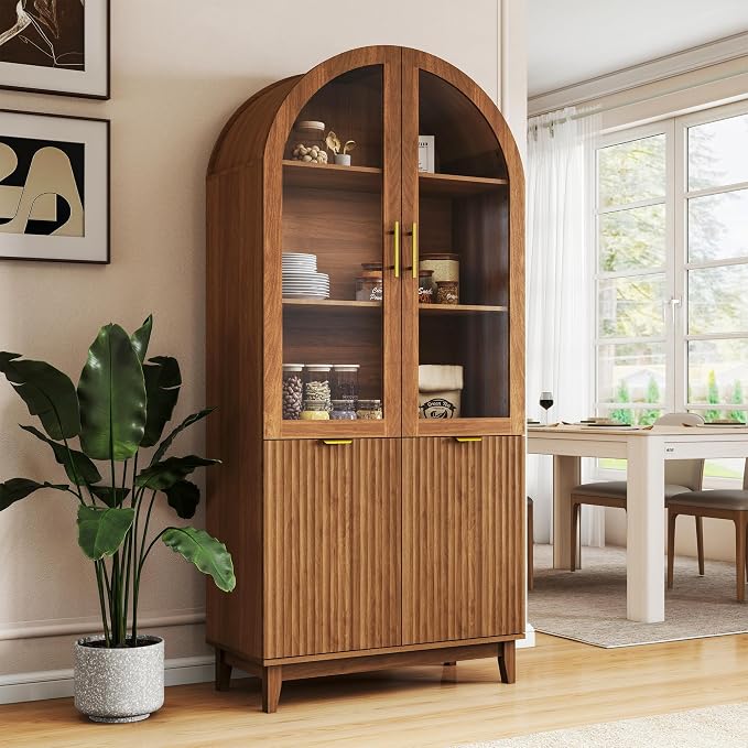 Pamapic 71" Tall Arched Cabinet, Fluted Kitchen Pantry with Glass Doors & Adjustable Shelves, Arch Storage Cabinet, Wooden Pantry for Dining Room, Living Room (Walnut)