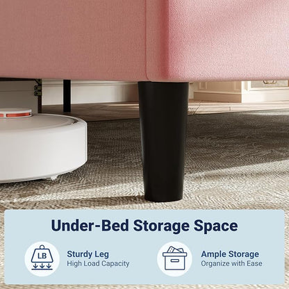 Allewie Queen Platform Bed Frame with Adjustable Headboard, Plush Velvet Upholstered, Vertical Channel Tufted, Sturdy Wooden Slats, No Box Spring Needed, Easy Assembly, Pink
