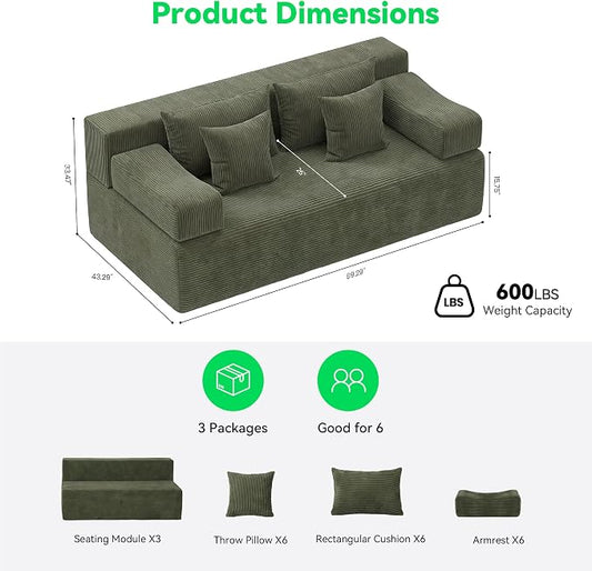 MONVANE 3-Piece Boneless Loveseat Couch Set for Living Room, Oversized Modular Sectional Sofa Set with Removable Armrests, Comfy Corduroy Cloud Couch with 12 Pillows, No Assembly Required, Green