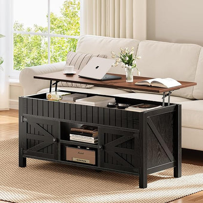 47.3" Lift Top Coffee Table with Storage - Black Coffee Tables for Living Room, Farmhouse Wood Center Table, Large Rectangle Middle Tables with Hidden Compartment & Adjustable Shelf