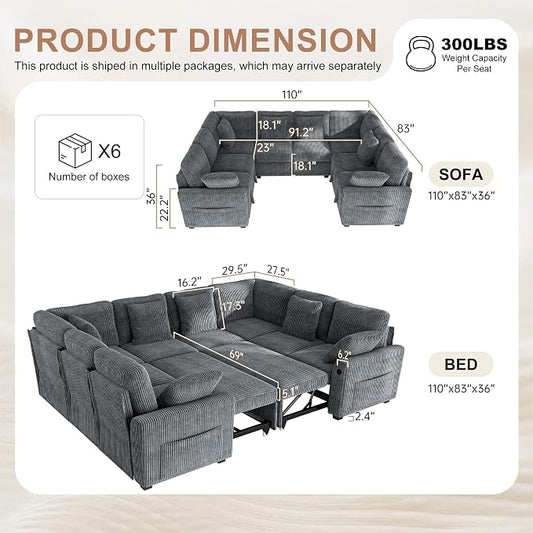 Hanherry Sectional Sofa with Pull Out Couch Bed,8 Seat Corduroy Sleeper Sofa with 2 Seat Storage & USB Charging,Comfy Modular Couches for Living Room,Apartment