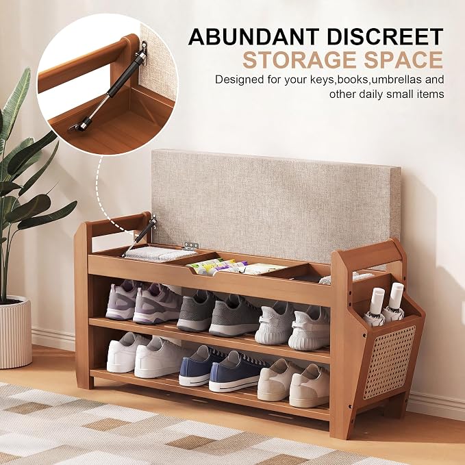 PETKABOO 31.5" Bamboo Shoe Rack Bench with Storage, 3-Tier Entryway Bench with Thick Cushion, Flip-Top & Side Baskets, Holds Up to 550 LBS for Hallway, Living Room, Bedroom