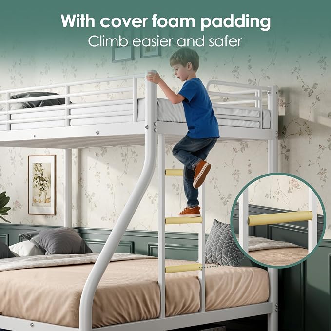 Twin XL Over Queen Bunk Bed Size, Heavy Duty Bunk Beds with Bottom Space & Guardrail Metal Bunk Bed Frame for Adults Dorm Bedroom Guest Room, No Box Spring Needed（Upgrate White）