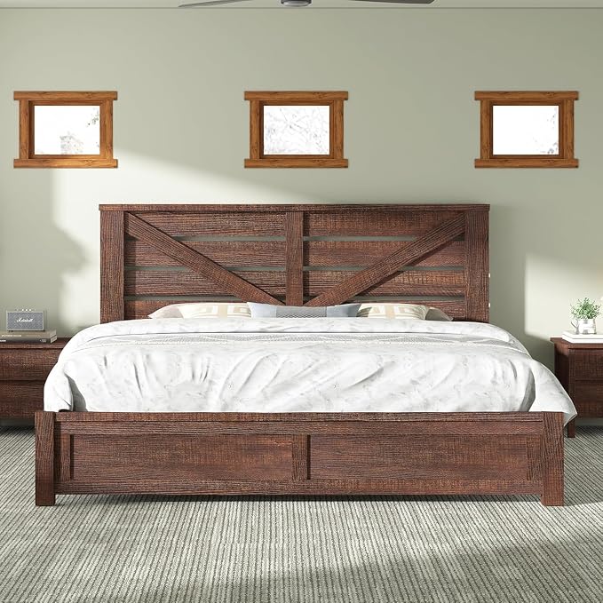 AMERLIFE King Size Bed Frame with 49.2" Barn Door Headboard and Footboard, Rustic Farmhouse Platform Bed Frame with Wood Slats, No Box Spring Needed, Under Bed Storage, Reclaimed Barnwood