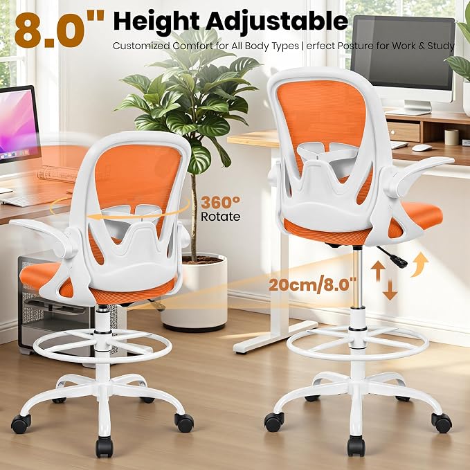Primy Drafting Chair Tall Office Chair with Flip-up Armrests Executive Ergonomic Computer Standing Desk Chair with Lumbar Support and Adjustable Footrest Ring (Sunset Orange)