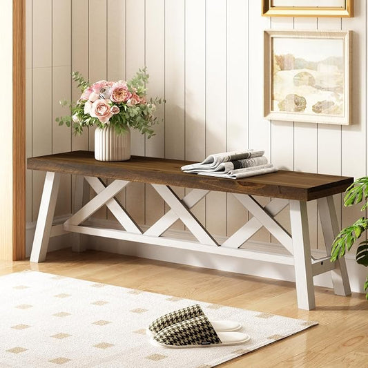 Wnutrees 54" Farmhouse Wood Bench, Rustic Solid Wood Entryway Bench Seat with Double X-Structure for Dining Area Living Room Hallway, Structural Stability, White