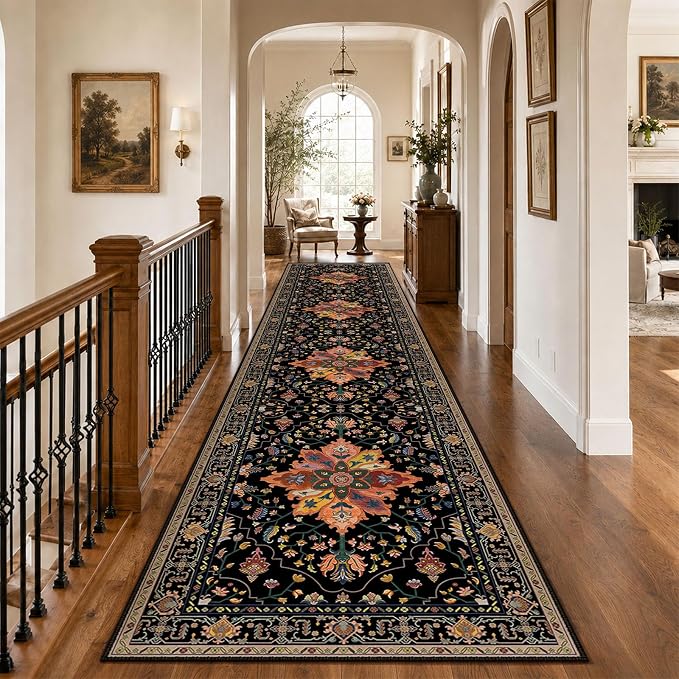 RELEANY Area Rugs Runner 3'x12' Washable Non-Slip, Floral Vintage Distress Medallion Carpet for Kitchen Hallway Bedroom Beside Laundry Room Bathroom, Black Colorful Floral Dark Tan