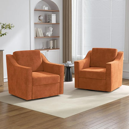 Swivel Accent Chairs Set of 2, Comfy Chenille Swivel Chair with Deep Seat, Upholstered Club Armchair with 360 Degree Rotation Base, Single Sofa Reading Chair for Living Room Bedroom, Orange