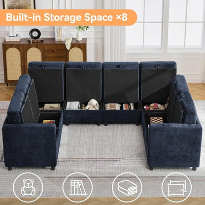 104'' U Shaped Modular Sofa, Sectional Couches with Storage for Living Room, Oversized 8 Seater Cloud Sectional Couch, Chenille Navy