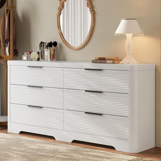 FUSUNBAO Fluted 6 Drawer Dresser, Modern Wood Dresser for Bedroom,TV Stand,Thickened Curved Profile Design,Bedroom,Entryway,Wood Drawer Organizer (White Oak)