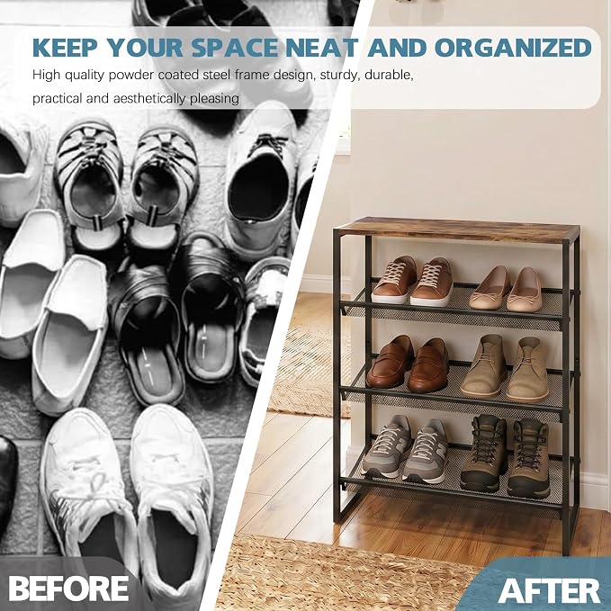 Shoe Rack for Entryway,4 Tier Shoe Shelf，Sturdy Shoe Storage Organizer,Boot Rack with a Fine Mesh Shelves，for Living Room, Hallway，Small Space,11.8 x 16.5 x 27.9 Inches,Brown