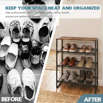 Shoe Rack for Entryway,4 Tier Shoe Shelf，Sturdy Shoe Storage Organizer,Boot Rack with a Fine Mesh Shelves，for Living Room, Hallway，Small Space,11.8 x 16.5 x 27.9 Inches,Brown