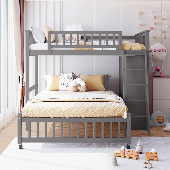 Ball & Cast Wooden Twin Over Full Bunk Bed with 6 Drawers & Flexible Shelves,Bottom Bedframe W/Wheel,Easy Assembly,Space Saving,Versatile Storage Furniture Set for Boy Girl Teen Compact Bedroom,Gray