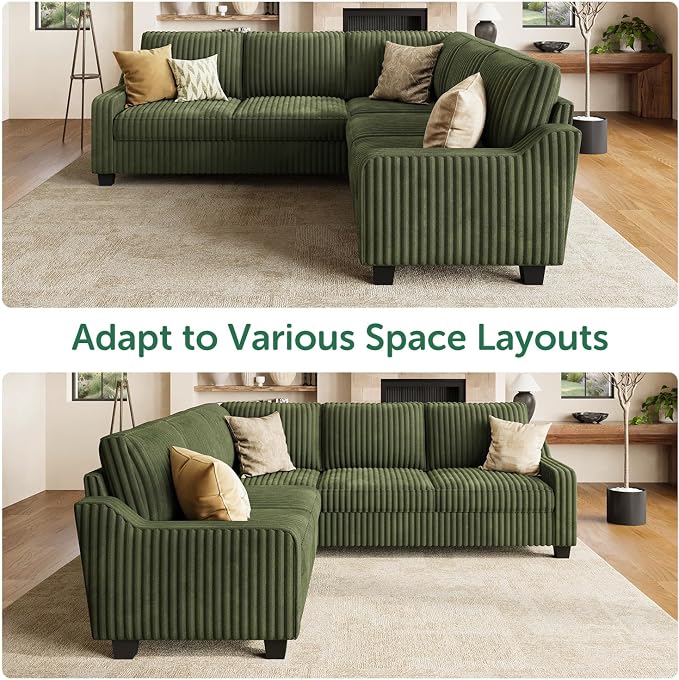 HONBAY Corduroy Convertible Sectional Sofa L Shaped Corner Couch Reversible Sectional Couches for Living Room,Green