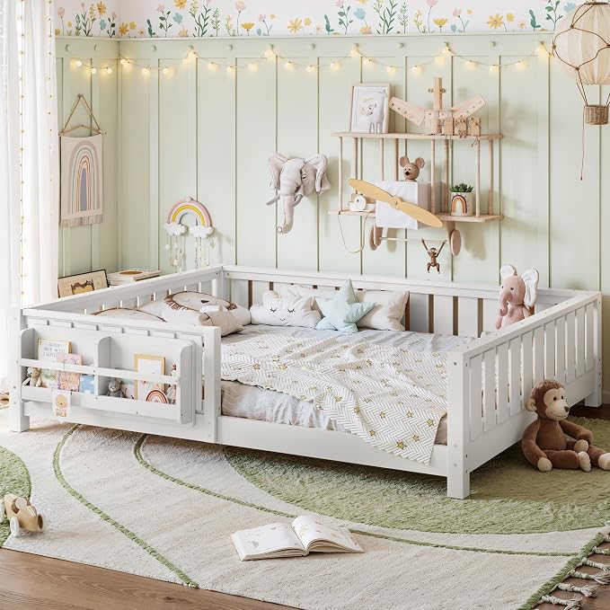 Bellemave White Montessori Floor Bed with Fence and Slats, Queen Size Montessori Floor Bed with Bookcase and High Rails, Easy Assemble Bed Frame for Girls, Boys, Queen