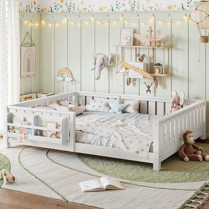 Bellemave White Montessori Floor Bed with Fence and Slats, Queen Size Montessori Floor Bed with Bookcase and High Rails, Easy Assemble Bed Frame for Girls, Boys, Queen