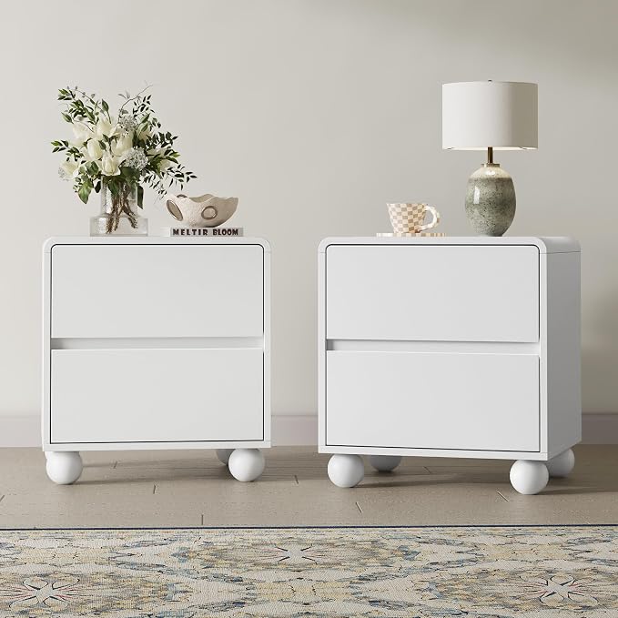 MAISONARIA Mid-Century 3-Piece Dresser Bedroom Set, 6 Drawer Dresser & 2 Drawer Nightstands with Curved Profile Design & Handle Free, Wood Chest of Drawers for Bedroom, Living Room, Hallway, White