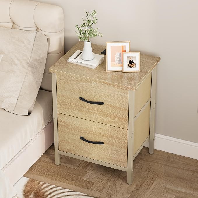 Vagusicc Nightstand with Charging Station, Bedside Table with USB Ports and Outlet, End Table Side Table with 2 Fabric Drawers for Bedroom, Living Room, Natural