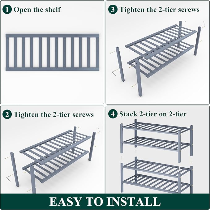 Smiry Bamboo Shoe Rack, 4 Tier Free Standing Wooden Shoe Organizer, Stackable Wood Shoe Storage Shelf for Closet, Entryway, 12 Vertical Slats, 2+2 Stack Standard Legs, 26.8"x11"x26", Grey