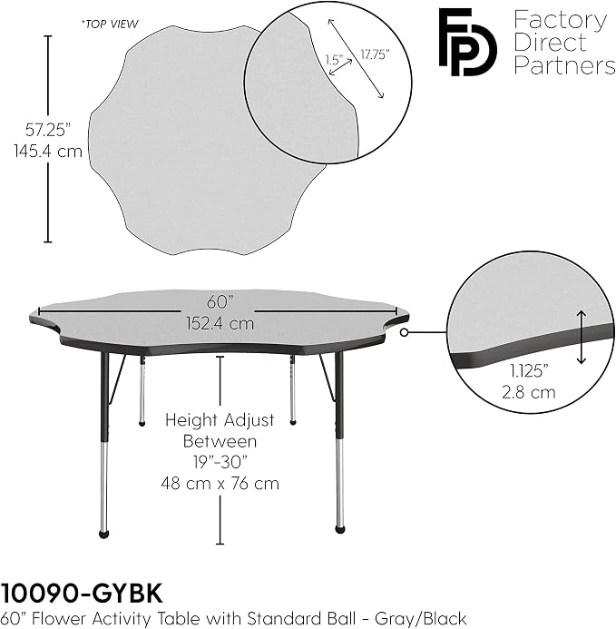 FDP Flower Activity School and Office Table (60 inch), Standard Legs with Ball Glides for Collaborative Seating Environments, Adjustable Height 19-30 inches - Gray Top and Black Edge