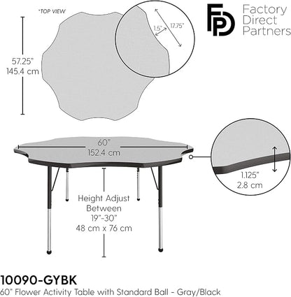 FDP Flower Activity School and Office Table (60 inch), Standard Legs with Ball Glides for Collaborative Seating Environments, Adjustable Height 19-30 inches - Gray Top and Black Edge