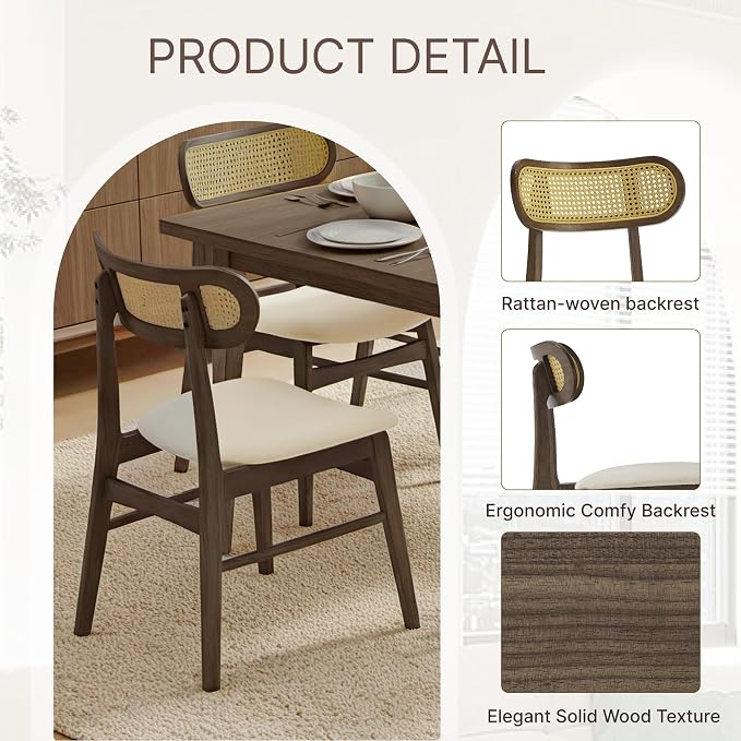 KISLOT Rattan Dining Chairs Set of 6, Upholstered Modern Dining Room Chairs, Mid Century Oak Wood Kitchen Chairs with Rattan Backrest for Farmhouse, Restaurant, Café (Cream Fabric & Walnut Color)