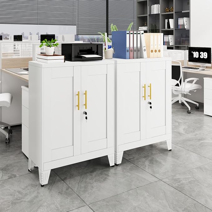 GAIOUS 36" White Floor Storage Cabinet, Locked Metal Storage Cabinets with 2 Doors and 2 Adjustable Shelves, Sideboard Buffet Cabient, Freestanding Cabinet for Home/Office/Garage/Tool Room/Bathroom