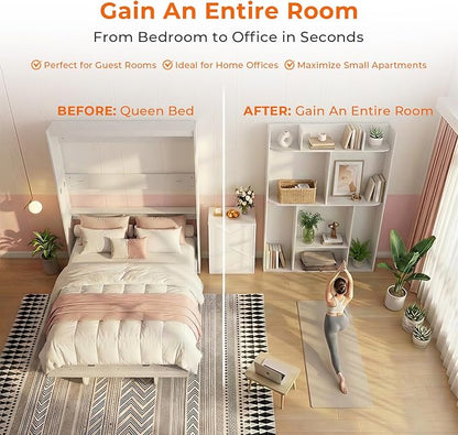 CECER Vertical Murphy Bed Queen，Save Space for Offices/Guest-White | Multi-Functional Queen Murphy Cabinet Beds with Storage Shelf/Bookshelf，Sturdy frame ＆ Easy Assemble
