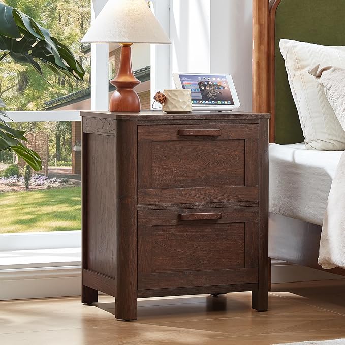 Joaxswe Farmhouse Night Stand with Charging Station, End Tables Bedroom with 2 Large Drawers & 4 Thickened Table Legs, Walnut