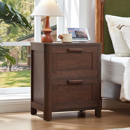 Joaxswe Farmhouse Night Stand with Charging Station, End Tables Bedroom with 2 Large Drawers & 4 Thickened Table Legs, Walnut