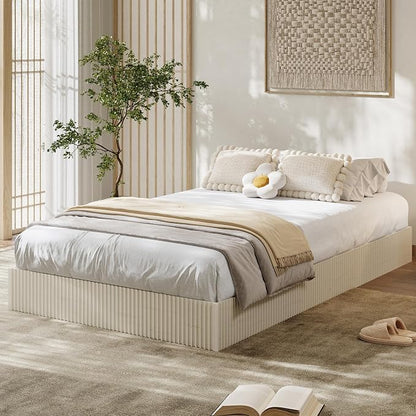 Garvee Twin Bed Frame, Wood Platform Bed with Fluted Design, Low Profile BedFrame, Minimalist Bed Base with Noise-Free, Easy Assembly, No Box Spring Needed, Cream