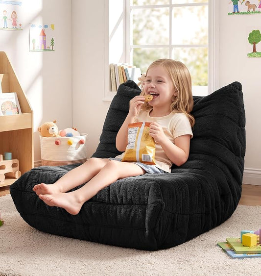 Hobestluk Small Bean Bag Chair Faux Fur Fabric BeanBag Couch for Playroom | Black Plush,Ergonomic Design,Memory Foam,Strong Supportive,No Assembly Required,Decorative Style for Living Room Bedroom