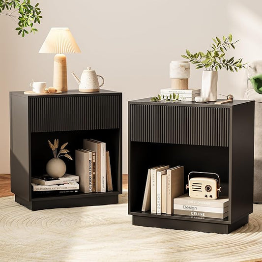Fluted Nightstands Set of 2, Modern Bedside Table with Drawer and Storage Shelf, Wood End Table Mid Century Night Stands for Bedroom Living Room Sofa Couch Office (Black)